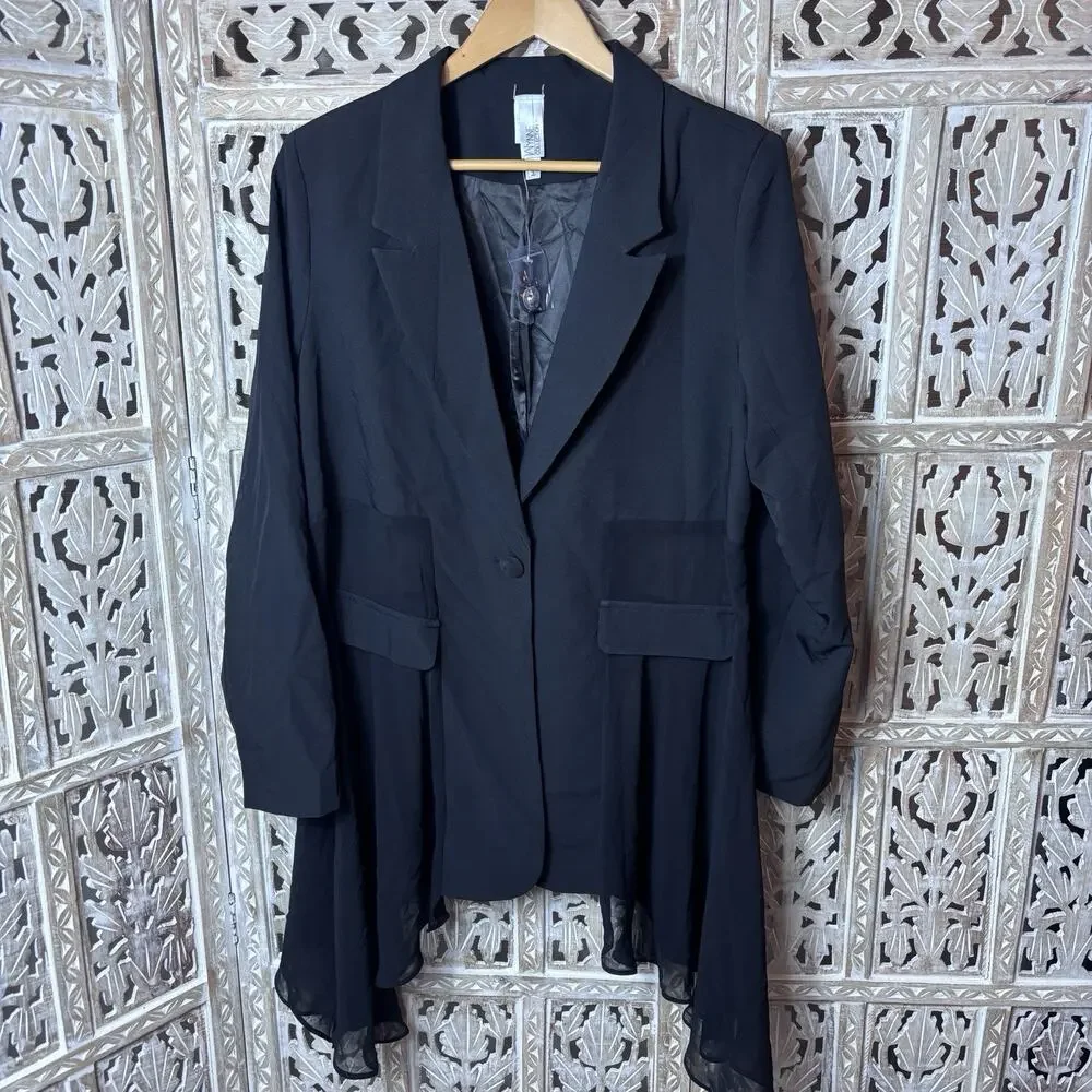 Wynne Collection Size XL Black Single Button Asymmetrical Sheer Jacket Blazer